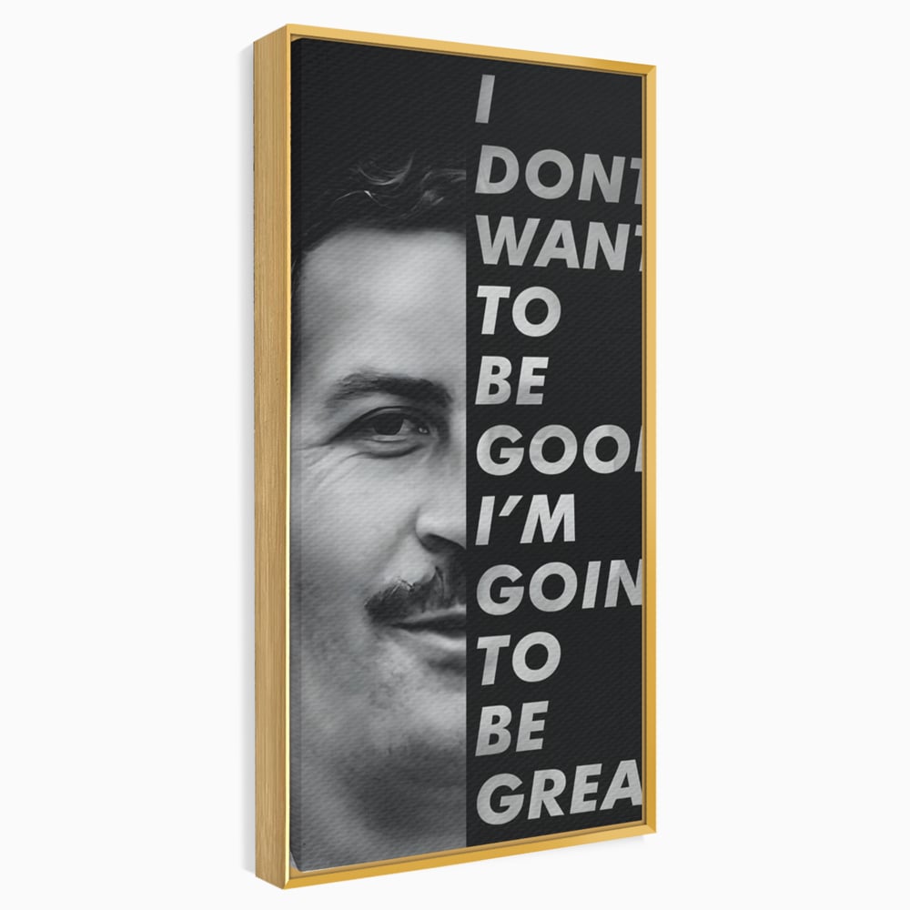 Tablou canvas cu tablou canvas cu portretul lui pablo escobar, in rama de aluminiu auriu